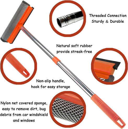 Window Squeegee for Window Cleaning - 2 in 1 Car Window Tool with Extension Pole, Shower Squeegee