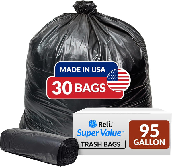 Reli. 95 Trash Bags Heavy Duty - 30 Trash Bags, Super Sizeable Black Garbage Bags for Serious Cleanup