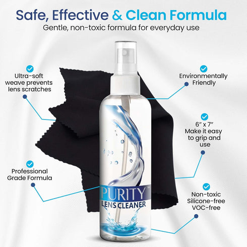 Pack 2x2oz, 3x8oz 5 Purity Eyeglass Cleaner Mega - Multi-Size Lens Cleaner Kit - Bottles + Black Premium Microfiber