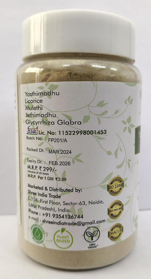 Yashtimadhu Powder 100 Gm | Natural Mulethi Powder for Immunity Support | Vegan, Non-GMO, Gluten Free