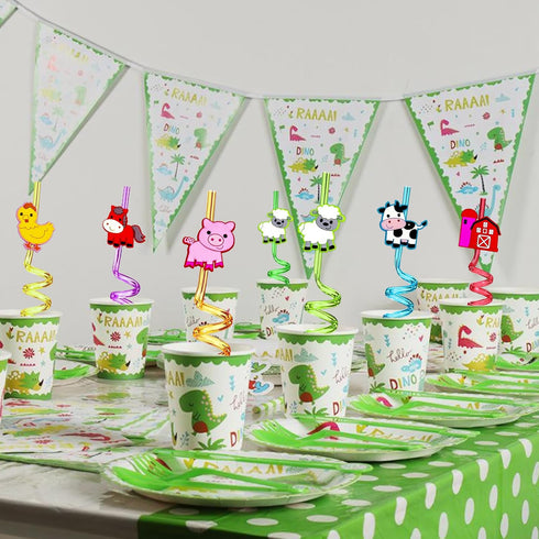 24pcs Farm Animals Party Favor Straws, Reusable Drink Birthday Party Straws, Chicken Sheep Horse Cow Pig Farm Party