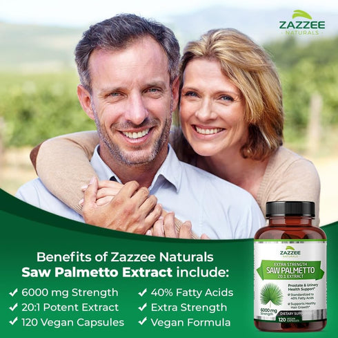Zazzee Extra Strength Saw Palmetto 6000 mg Extract, 120 Vegan Capsules, 40% Fatty Acids, Non-GMO, Made in the USA
