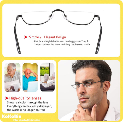 KoKoBin Half Reading Glasses, 2 Pairs Half Rim Metal Frame Glasses for Men and Women, Black+Gunmetal 1.75