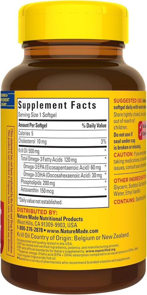 Nature Made Krill Oil 500mg, Superior Absorption with Astaxanthin, Omega 3s for Heart Health, 100 Softgels