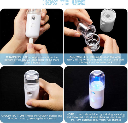 Honoson 2 Pieces Nano Facial Mister, 30 ml Mini Face Humidifier, USB Rechargeable Skin Care Machine (White)