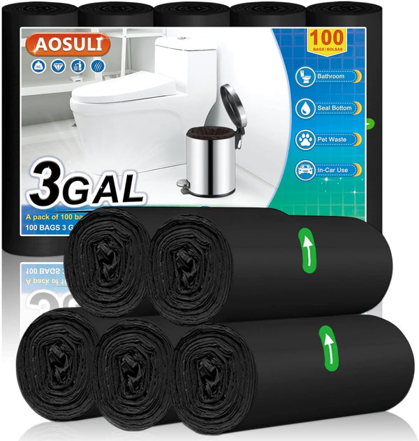 AOSULI Small Bathroom Trash Bags, 3 Gallon/10 Liter, 100 Counts, Black Garbage Bags for Office