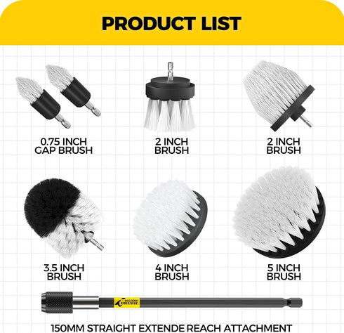 Holikme 8 Piece Drill Brush Attachments Set, Power Scrubber Brush with Extend Long Attachment,Cleaning Supplies,Scrub Brush,Shower Scrubber,Bathtub, Bathroom, Kitchen(White)