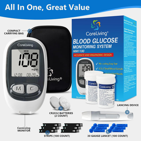 MM1100 Blood Glucose Monitor Kit, 100 Test Strips, 100 Lancets, 1 Meter, Diabetes Testing Kit for Home