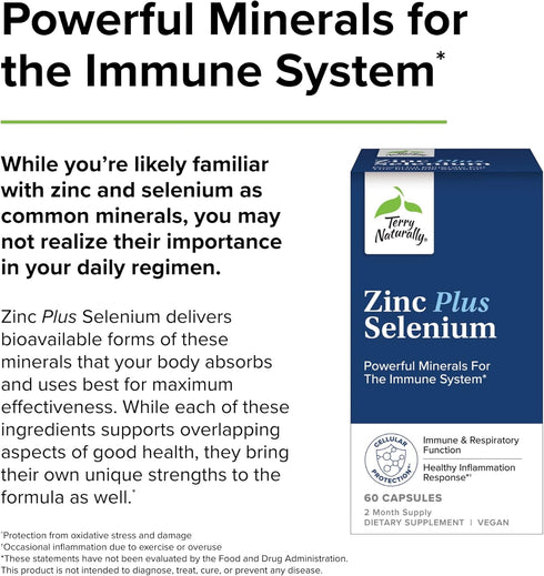 Terry Naturally Zinc Plus Selenium, 60 Capsules for Immune Support, Respiratory Function, Cellular Protection