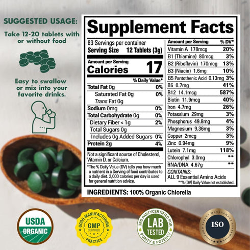 Sunlit Best USDA Organic Premium Chlorella Tablets 1000 Count | 100% Pure Superfood Supplement for Health