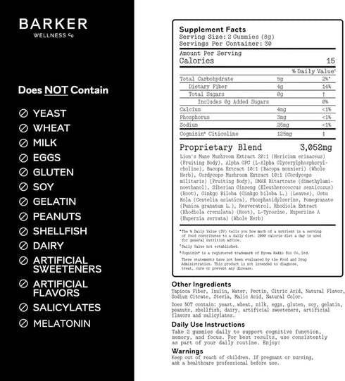 Gummies 60 Count Barker Wellness Mushroom Adaptogen for Memory & Focus, Brain Health Supplement with Lion's Mane