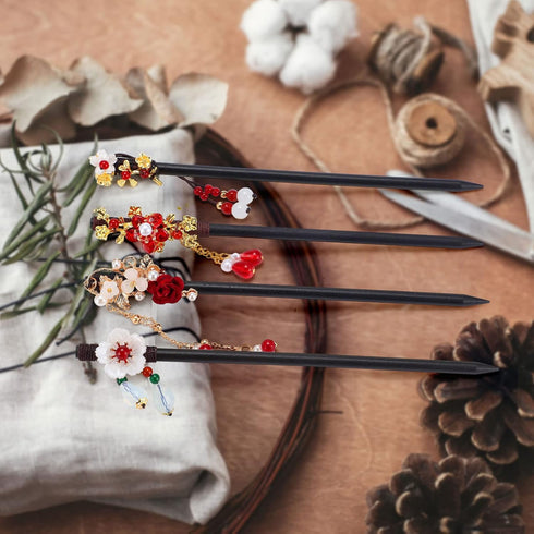 WILLBOND 6 Pcs Chinese Hair Chopsticks for Women, Wooden Hair Accessories with Retro Floral Design, Handmade Hair Pins