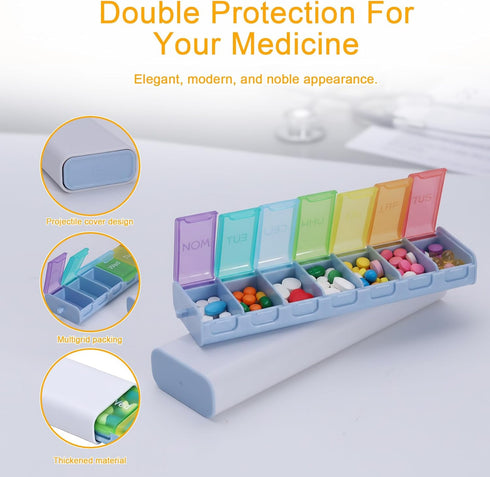 Qinpufu 7-Day Daily Pill Organizer, Weekly Travel Medicine Box Case with Flip-Top Lids, BPA-Free Pill Box for Vitamins