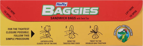 Hefty Baggies Food Storage Bags - Sandwich, Twist Tie, 150 Count