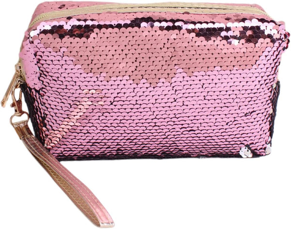 Magic Sequin Travel Cosmetic Bags - Reversible Glitter Makeup Organizer Bag for Women (Pink)