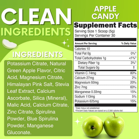Zero Sugar - Apple Candy Electrolytes Powder - Caffeine Free Hydration with All Natural Ingredients, 30 Servings