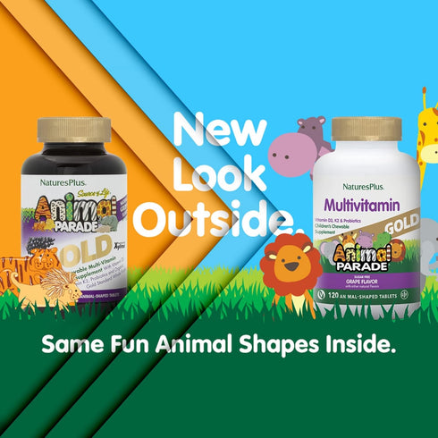 Natures Plus Animal Parade Gold Children's Multivitamin, Grape Flavor, 120 Chewable Tablets, 60 Servings