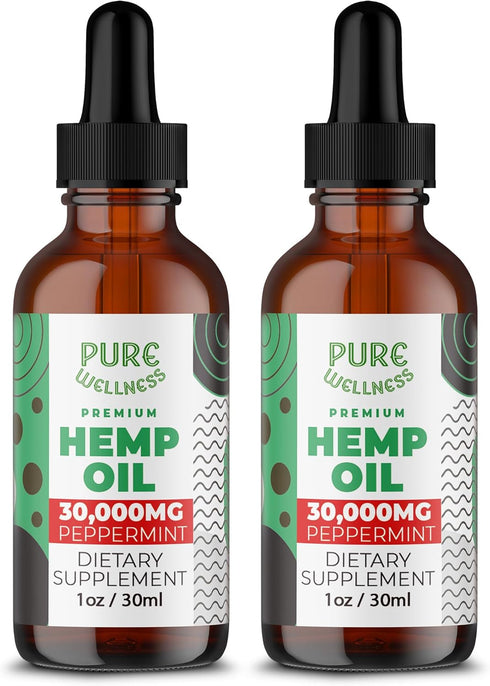 Organic Hemp Seed Oil (2 Oz), Peppermint Flavor, High Potency 30,000 mg for Natural Pain Relief