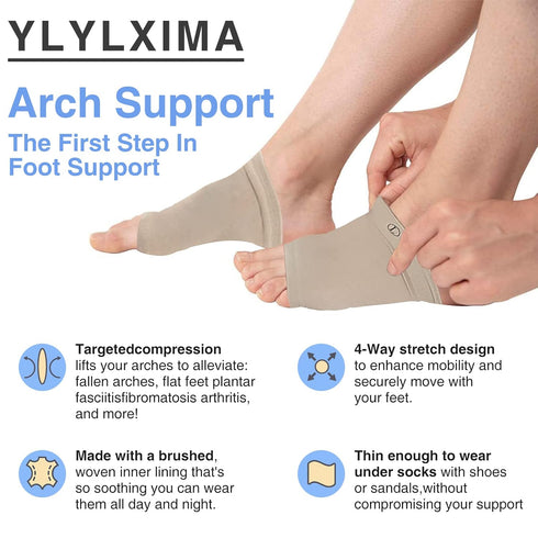 Arch Support Sleeves Compression - Plantar Fasciitis Relief Brace with Gel Pad for Flat Feet, Men Women (1 Pair Beige)