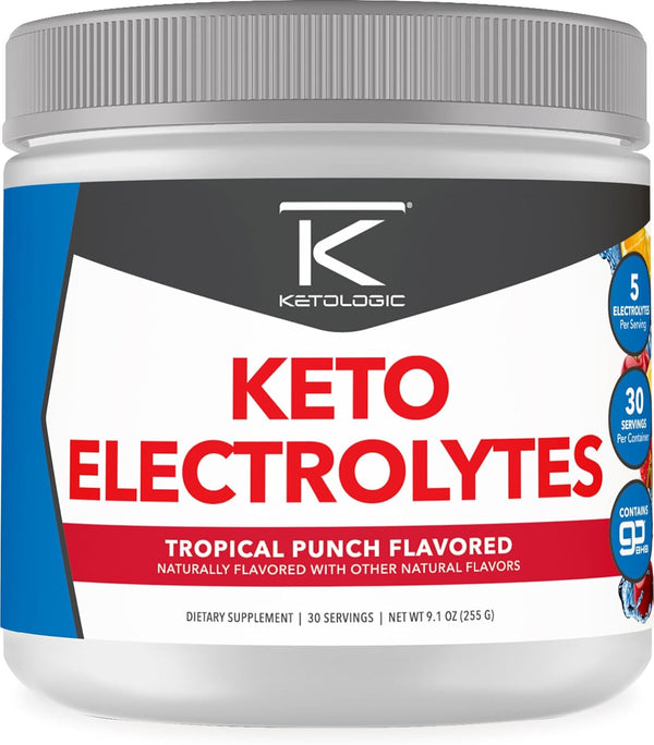 Ketologic Keto Electrolyte Powder, Tropical Punch, 30 Servings - Sugar-Free Hydration Drink Mix