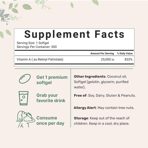 Micro Ingredients Maximum Strength Vitamin A - 25000 IU, 500 Softgels with Coconut Oil