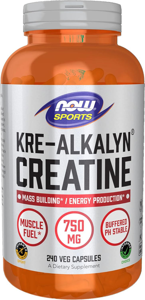NOW Sports Nutrition Kre-Alkalyn Creatine 750 mg - Mass Building & Energy Production, 240 Veg Capsules