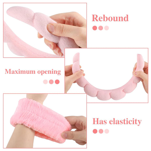 Sponge Spa Headband for Women, Makeup Headband and Wrist Washband Set, Pink Skincare Facial Headband for Face Washing