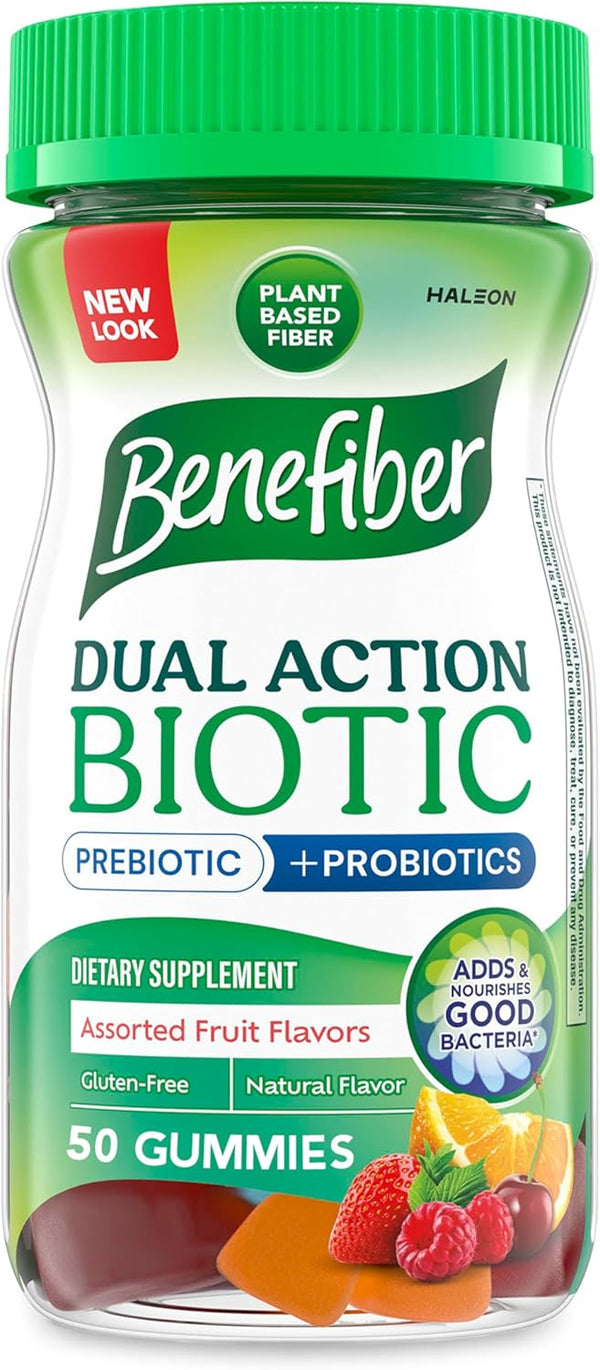 Benefiber Prebiotic Fiber Supplement Gummies with Probiotics for Digestive Health, Assorted Fruit Flavors - 50 Count