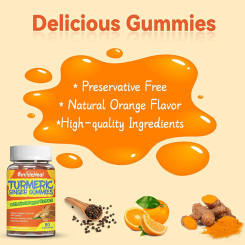Turmeric Curcumin Gummies 500mg with Ginger Root, Black Pepper Extract, Antioxidant Support, 60 Count