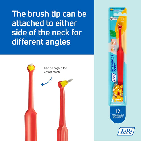 TEPE Interspace Angled Soft Toothbrush for Braces with Single-End Tuft and Removable Head, 12 Pack.