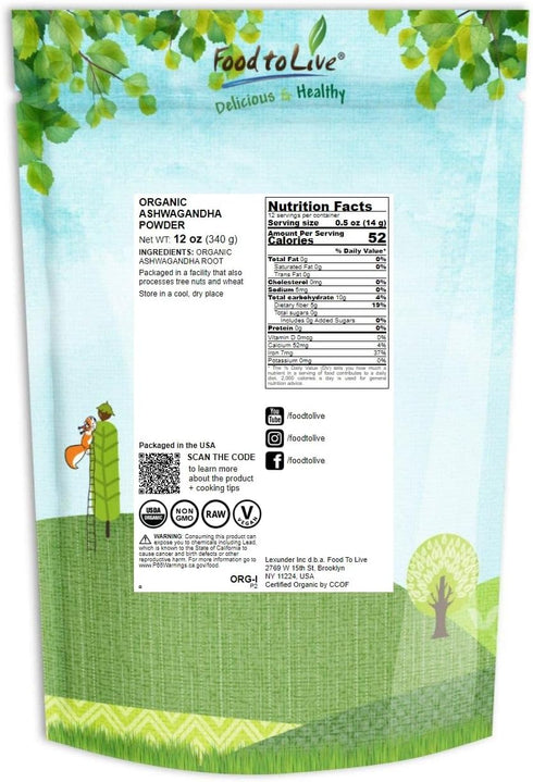 Food to Live Organic Ashwagandha Root Powder – Non-GMO, Finely Ground Indian Ginseng, Pure, Raw, Vegan, Bulk. Easy to Mix. Adaptogenic Herb. Great for Desserts, Hot Beverages, and Smoothies