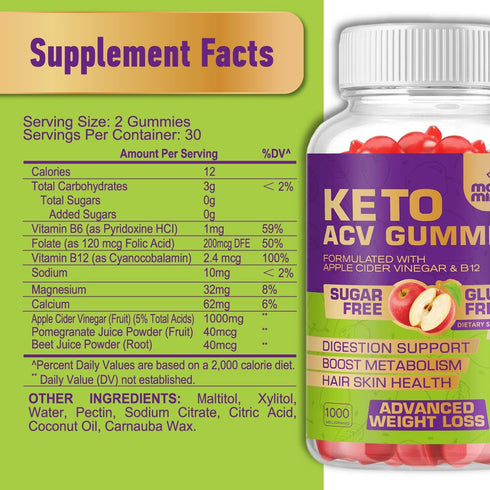 Keto ACV Gummies - 60 Gummies (1000MG) - Gluten & Sugar-Free Apple Cider Vinegar for Advanced Weight Loss
