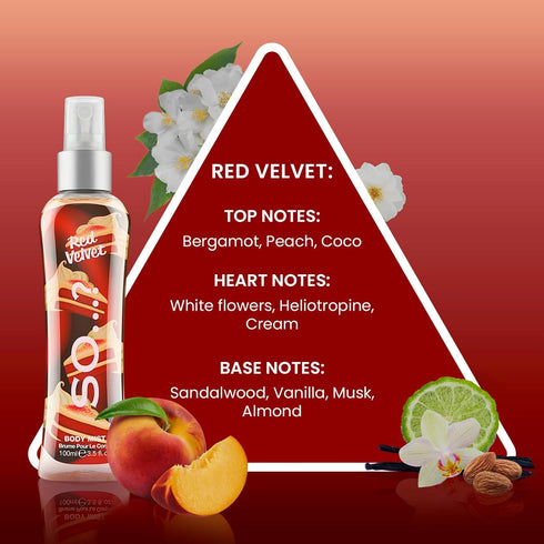 So…? Body Mist Set for Women, Vanilla, Red Velvet, Cherry Blossom, 3 pcs
