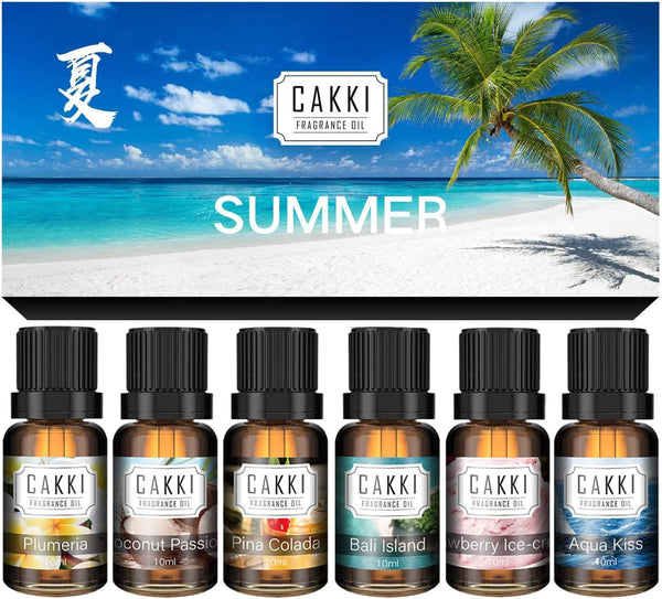 CAKKI Summer Essential Oils Set for Diffusers, 6X10ml with Coconut Passion, Plumeria, Pina Colada, Aqua Kiss