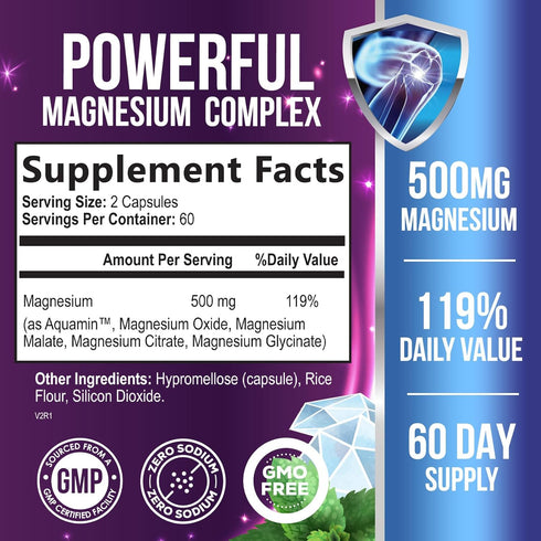 Magnesium Complex Supplement 500mg with Glycinate, Oxide, Malate, Citrate - High Absorption Chelated Magnesium Capsules for Muscle, Heart, Bone, Nerve Support for Women and Men - 120 Capsules