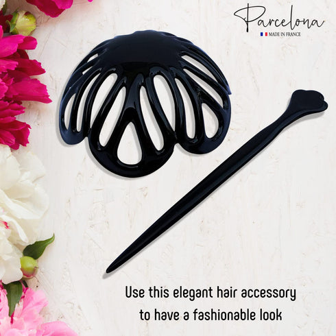 Parcelona Black French Radial Celluloid Hair Slide Pin, 3.5" Bun Cover Ponytail Holder for Women, Made in France