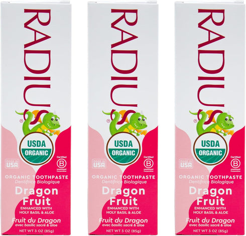RADIUS USDA Organic Kids Toothpaste 3oz Non Toxic Gluten-Free for Children's Gum Health - Dragon Fruit - Pack of 3