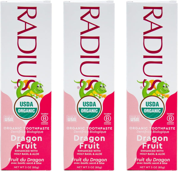 RADIUS USDA Organic Kids Toothpaste 3oz Non Toxic Gluten-Free for Children's Gum Health - Dragon Fruit - Pack of 3