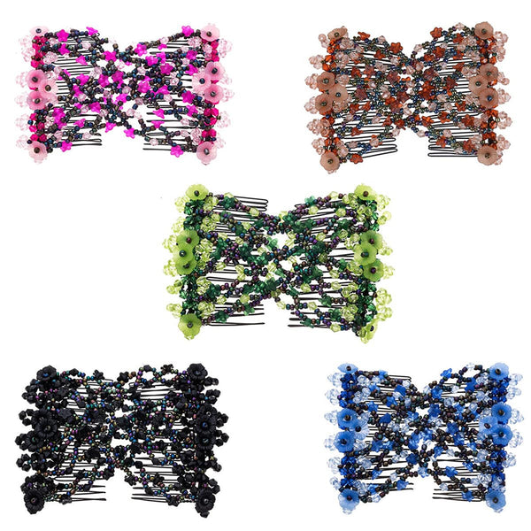 Magic Easy Combs for Women - Elastic Beaded Double Hair Clips for Hair Styling or Decoration (Black + Blue + Green +