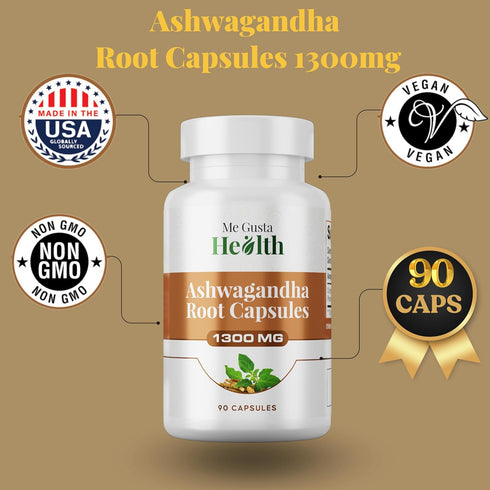 ME GUSTA HEALTH 1300mg, Immune 90 Ashwagandha Root Powder Capsules Capsule Metabolism Support for Women and Men, & Mood