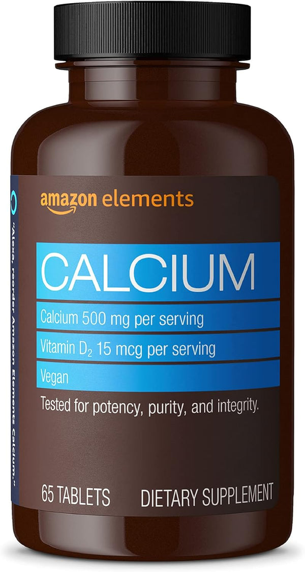 Amazon Elements Calcium plus Vitamin D, 500mg Calcium with D2 600IU, Vegan, 65 Tablets (2 Month Supply)