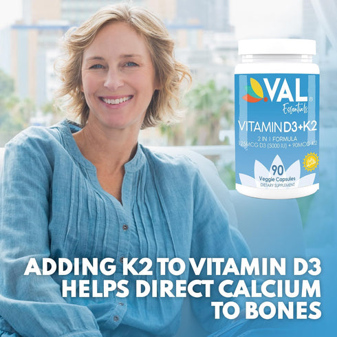 VAL Essentials Vitamin K2 + D3 Supplement, 5000 IU D3 & 90 mcg K2 MK-7, Non-GMO, 90 Vegetarian Capsules