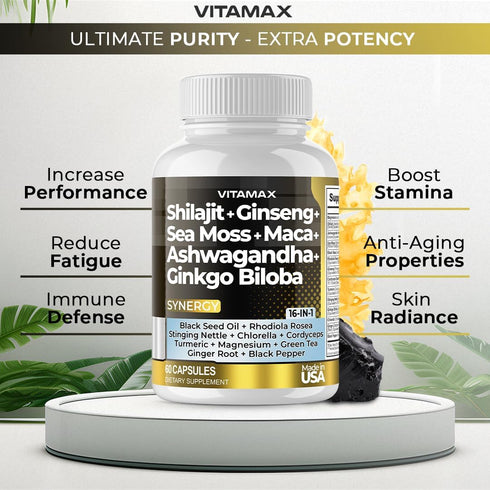 Pure Himalayan Shilajit Supplement 10,000mg Ashwagandha 6,000mg Sea Moss 2,000mg Rhodiola Rosea 1000MG Gingko Biloba 500mg Trace Mineral Capsules - Men and Women – Made in USA (60 Count (Pack of 1))