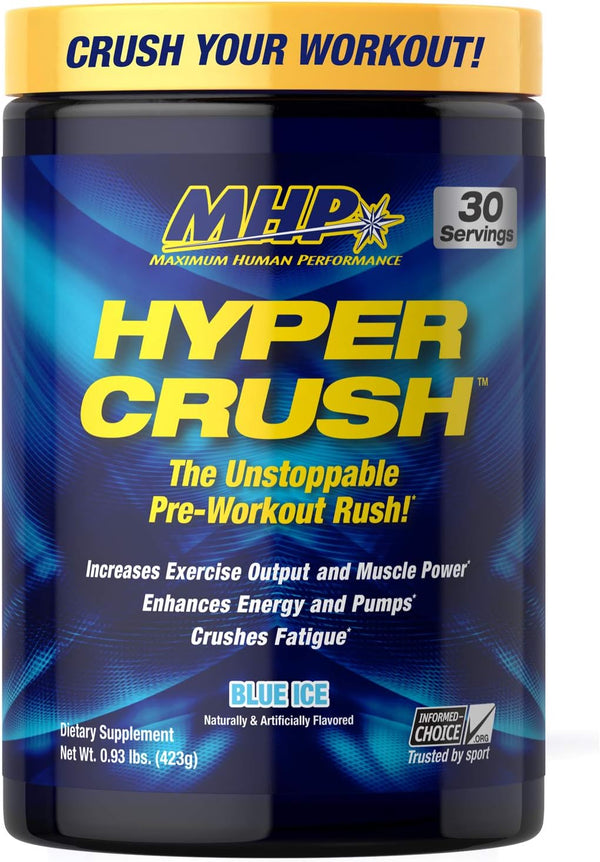 Maximum Human Performance MHP HYPER CRUSH Pre Workout | Energy Drink with Creatine, Beta Alanine | 30 Servings, Blue