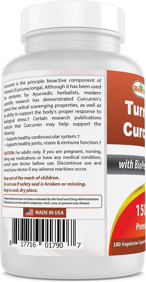 Best Naturals Turmeric Curcumin 1500mg/Serving with Bioperine - 180 Veggie Capsules