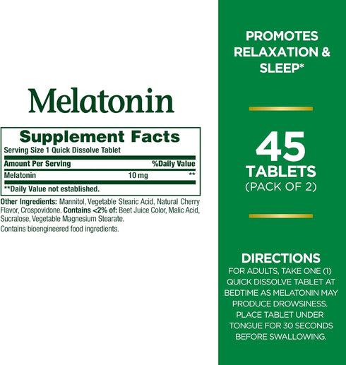 Nature's Bounty Melatonin Quick Dissolve Tablet, Sleep Support, 10 mg, Tablets, 45 Count (Pack of 2)