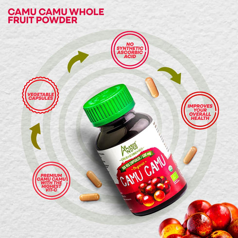 Camu Camu Capsules - Powerful Vitamin C Source, Immune System Booster, Organic Fairtrade Certified, 100 Vegan Pills,