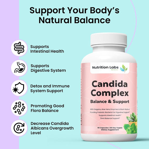 NUTRITION LABS BE BETTER Candida Cleanse Supplement for Balance & Support, Candidase Detox, Women & Men. Gut Health