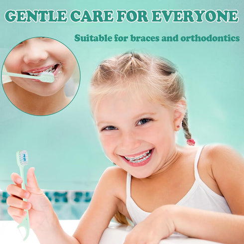 5-in-1 Travel Toothbrush Set - Prepasted Mini Toothbrushes with Toothpaste, Tongue Scrapers, Floss, Pick, Mint, 12 Pack