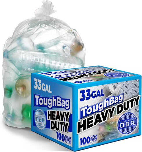 33 Gallon Trash Bags, Clear, 33 x 39”, 100 COUNT, Outdoor Industrial Garbage Can Liner